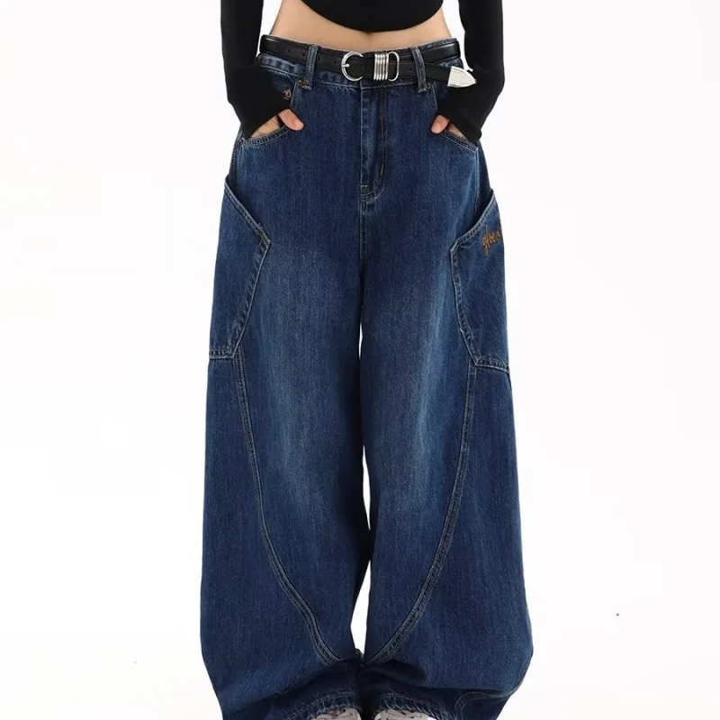 

2026 Spring New Big Pocket Wide Leg Jeans Women High Street Baggy Floor Length Denim Pants Vintage Loose Jeans