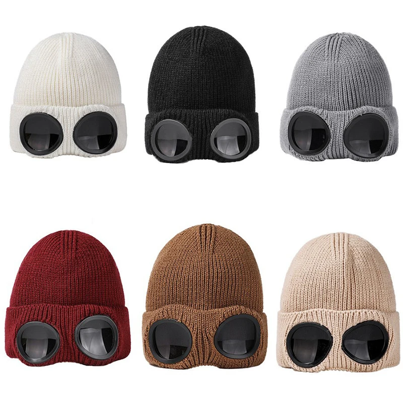 Heißer Verkauf Unisex Männer Frauen Gestrickte Hut Mit Brille Winddicht Winter Wärmer Ski Mützen Weiche Warme Anti-slip Gehörschutz