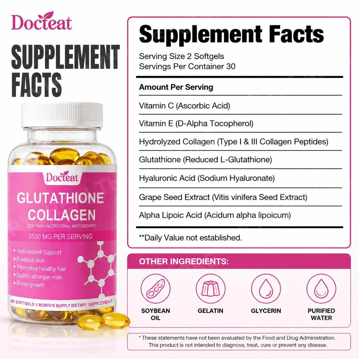 Glutathione Collagen Softgels with Vitamin C E, Hyaluronic Acid and Grape Seed, Beauty Antioxidant Support for Adults, 60 Count - view 2