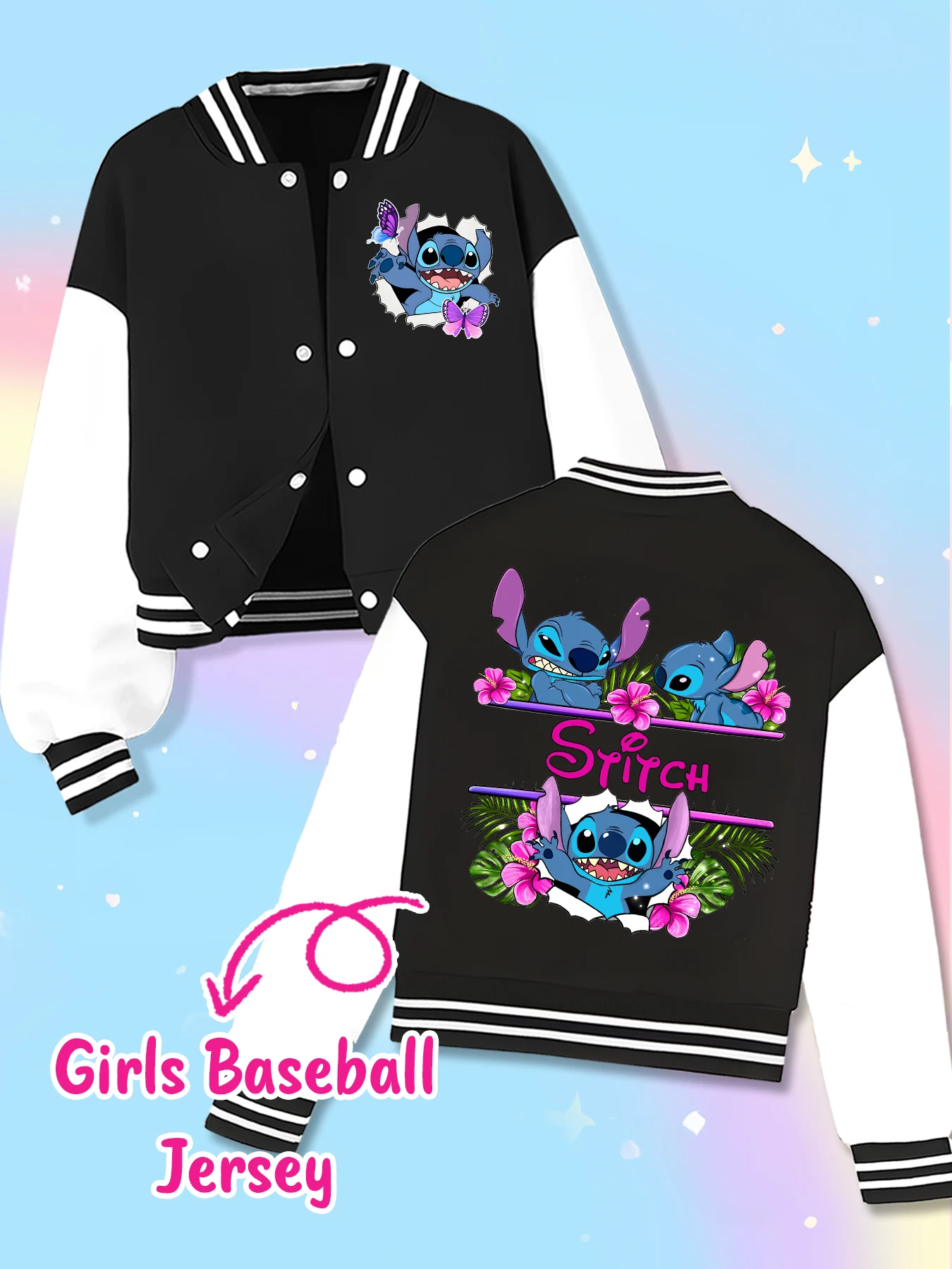 Disney fashion trend baseball jacket, suitable for daily sports and casual wear, printed with cute Stitch pattern, nice gift.