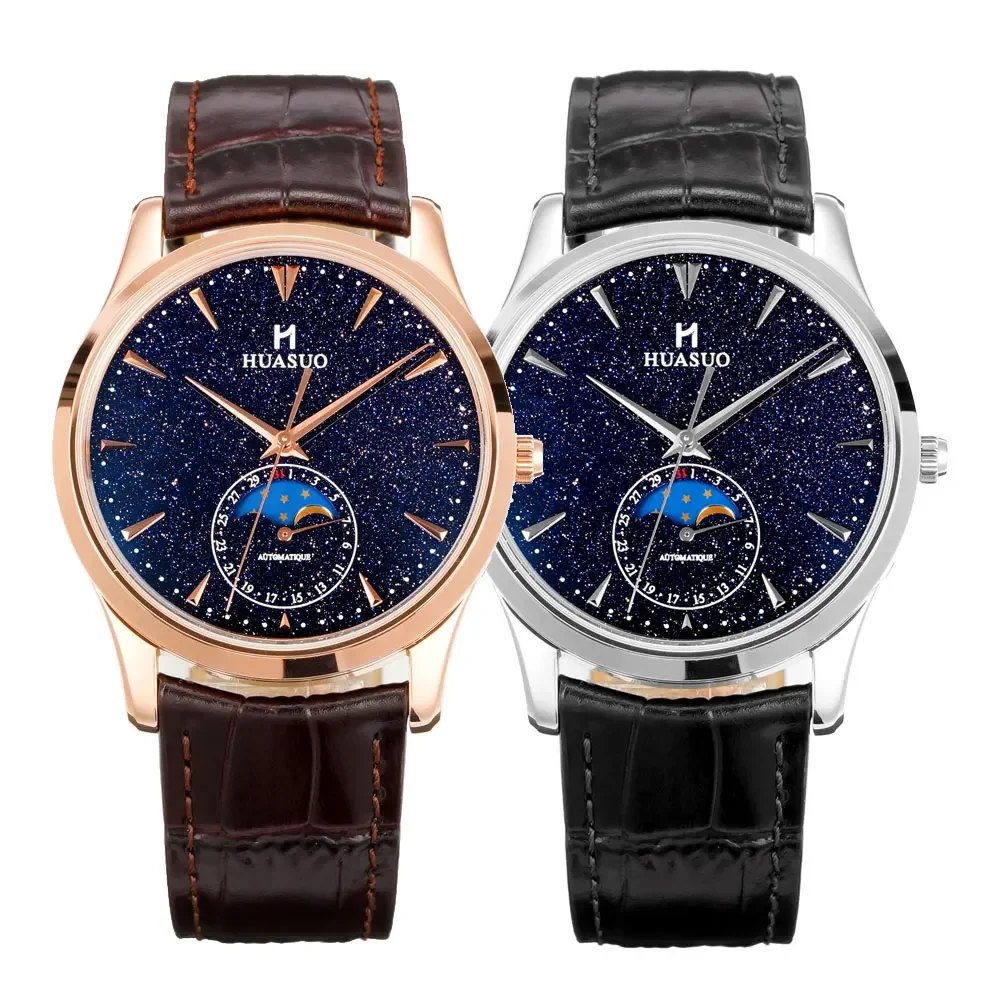 

HUASUO 39mm Luxury Aventurine Moon Phase Men's Watches Miyota 9015 Custom Mechanical Movement 50m Waterproof Sapphire Crystal