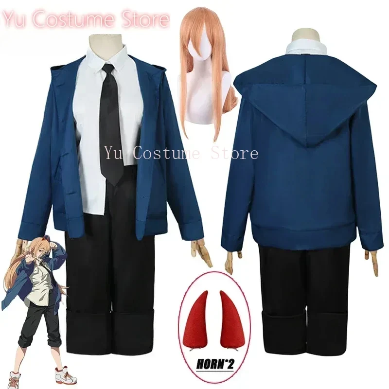 

Yu Costum ePower Cosplay Anime Chainsaw Man Power Cosplay CostumeUniform Blue Jacket Pants Horn Wig Halloween Costumes for Women
