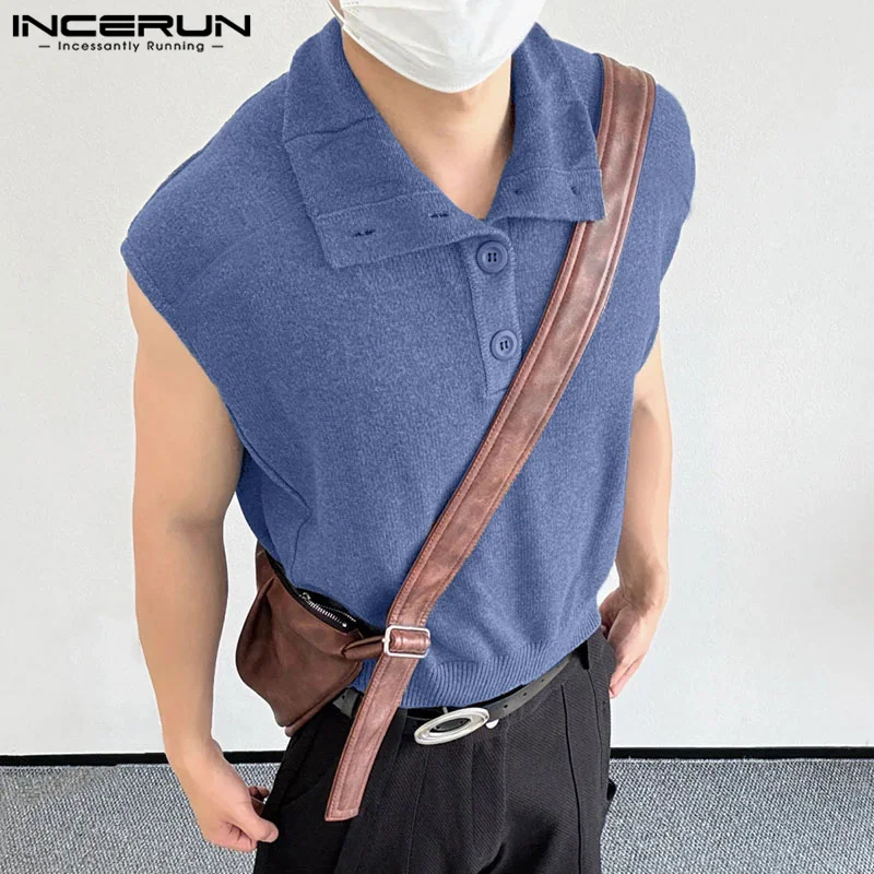 Casual Street Style Tops INCERUN Men's Texture Lapel Vests Stylish Well Fitting Male Solid All-match Lapel Tank Tops S-5XL 2024