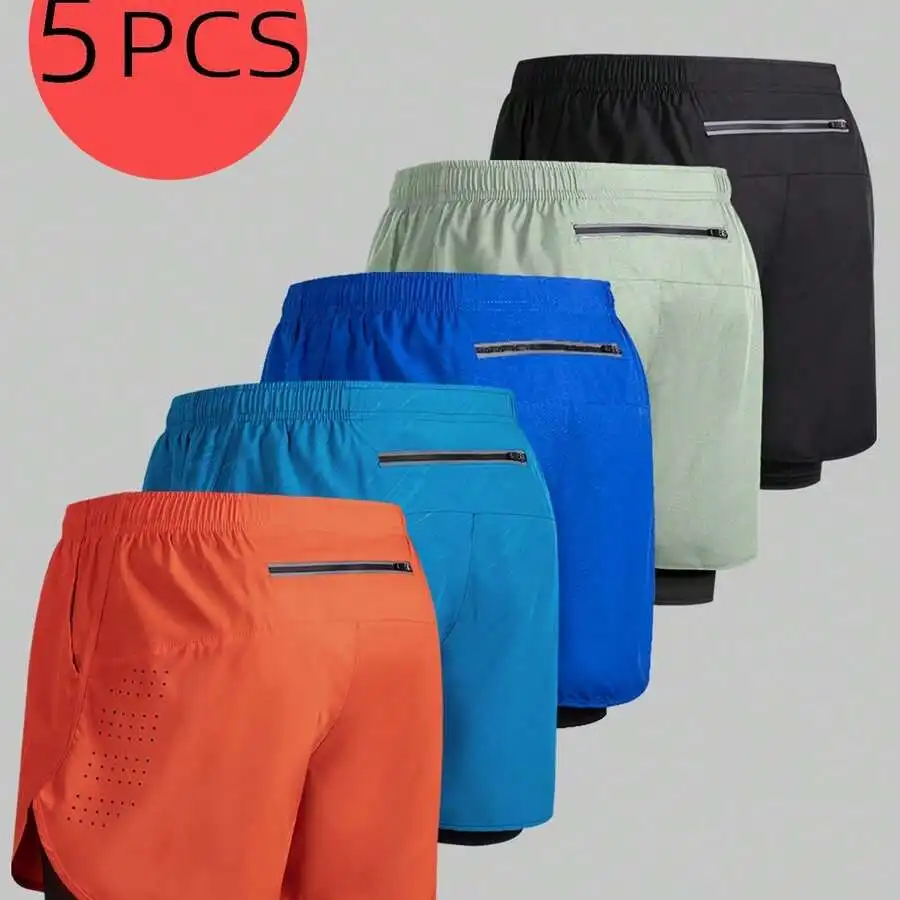 5 Pcs Mens Quick-Dry Knee-Length Sports Shorts With Woven Pockets Regular Fit Summer Outdoor Running Fitness