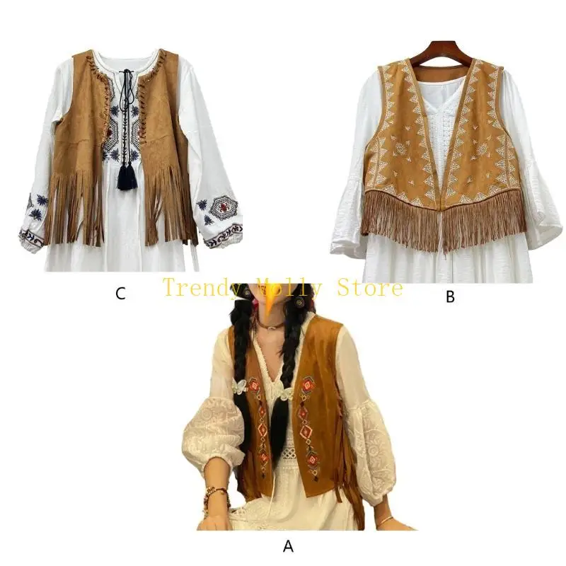 N5KB vrouwen Fringe Vest Faux Suedes Tassels 70s Hippie Deskleding Open Front Cardigan Mouwloos Vest Vrouwelijke vesting