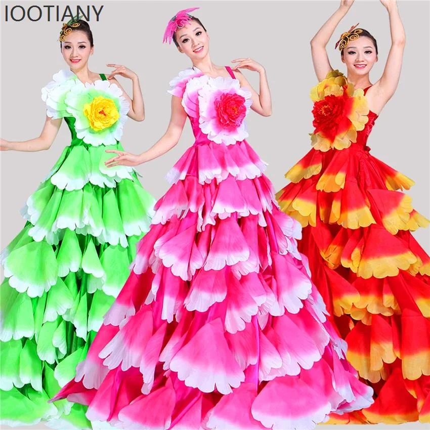 ジプシーダンススカート女性のスペインベリーダンス大花びらコーラーステージパフォーマンス衣装 360-720 度フラメンコダンスドレス