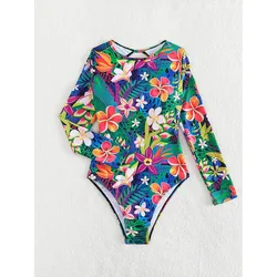 2025 Sexy One Piece Swimsuit Women Print Long Sleeve Swimwear Backless Bathing Suits Beach Wear Monokini Surf Swimming Suit Pool