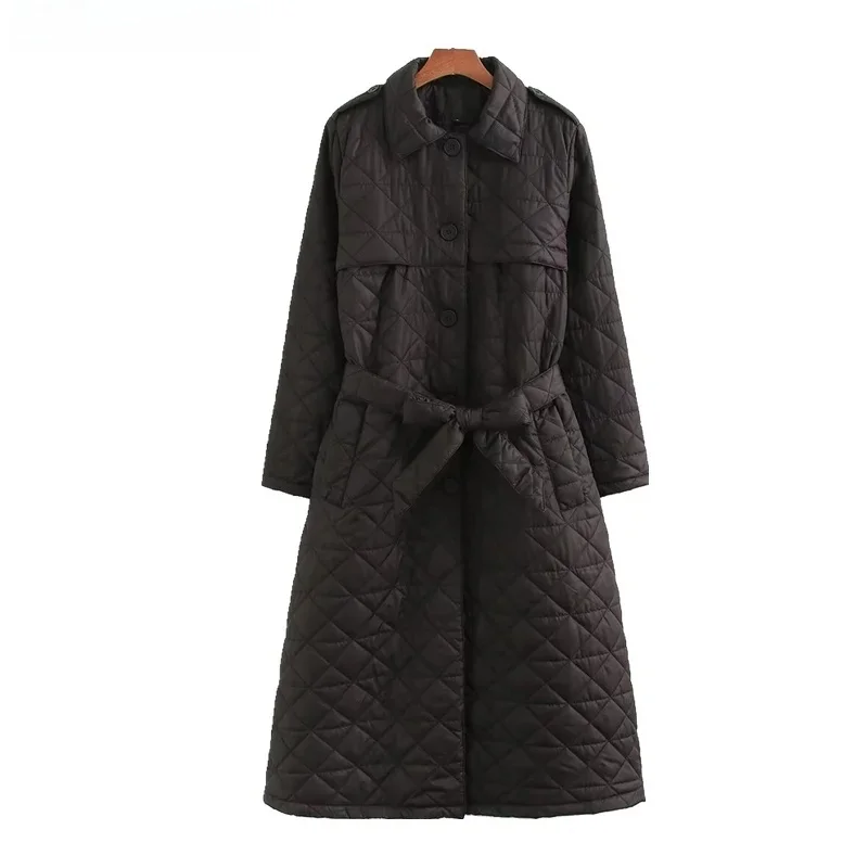 

2025 New Women's Black Long Quilted Cotton-Padded Coat Winter With Belt Single Breasted Thick Outerwear Robe Top