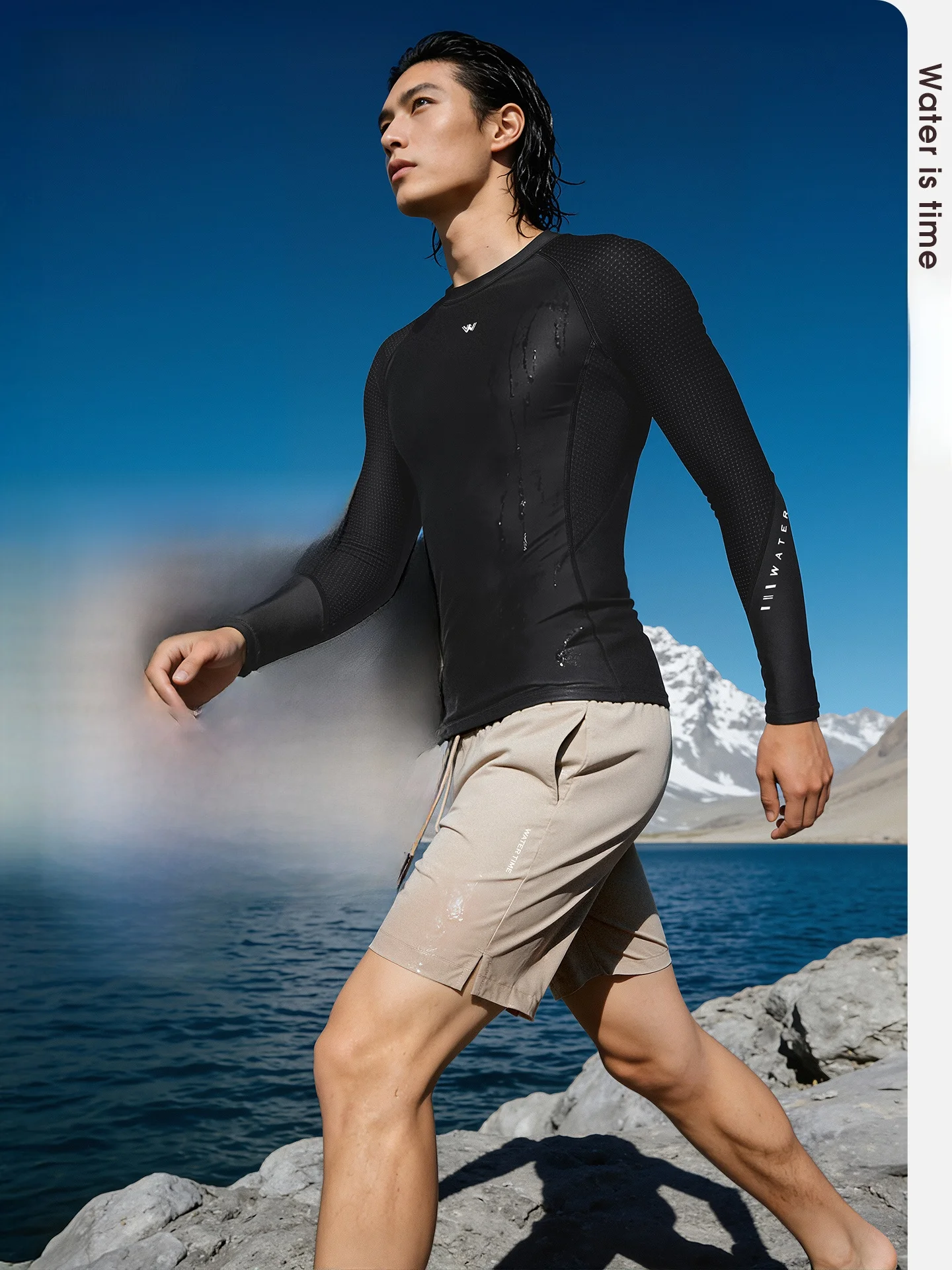 watertime-men's-swimming-suit-long-sleeve-training-beachwear-quick-dry-five-part-swimsuit-comfortable-nylon-spandex-blend