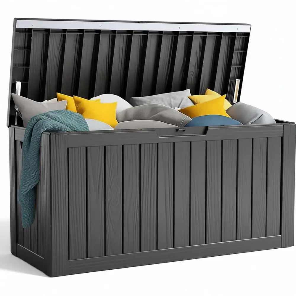

90 Gallon Resin Deck Box, Lockable Outdoor Storage, Patio Furniture, Garden Tools, Waterproof Storage - Black