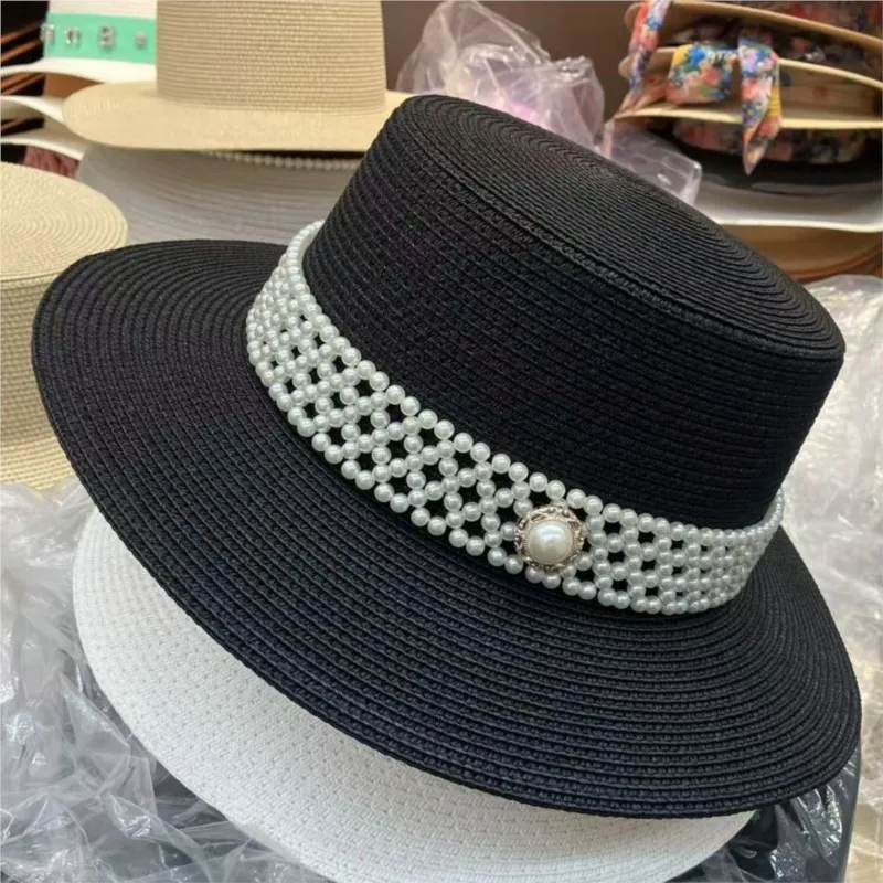 Handmade flat-topped hat for women a white versatile flat-brimmed top and shade during spring summer outings
