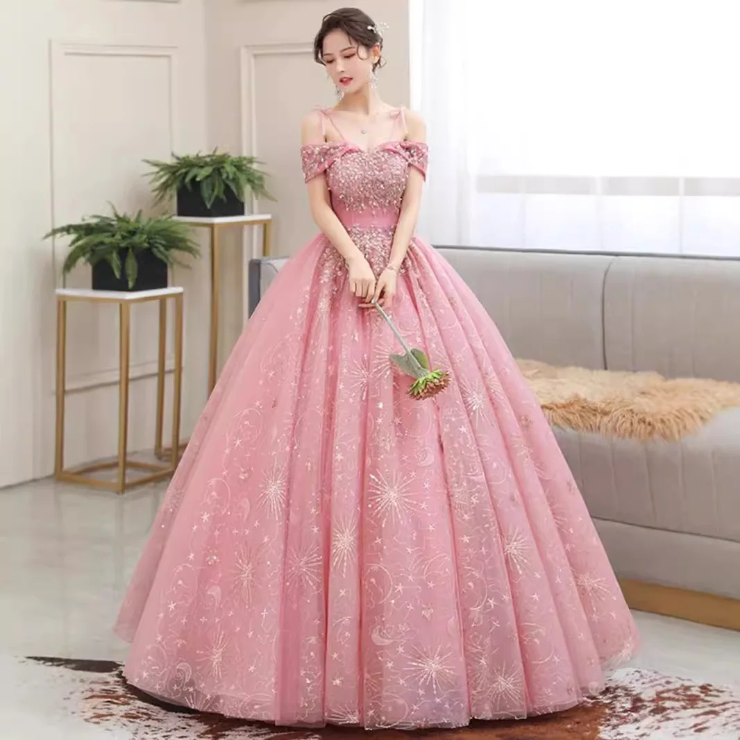 

2024 Pink Sparking Lace Prom Dresses Spaghetti Strap Princess be de bal Off the Shoulder Formal Evening Party Gown For Women