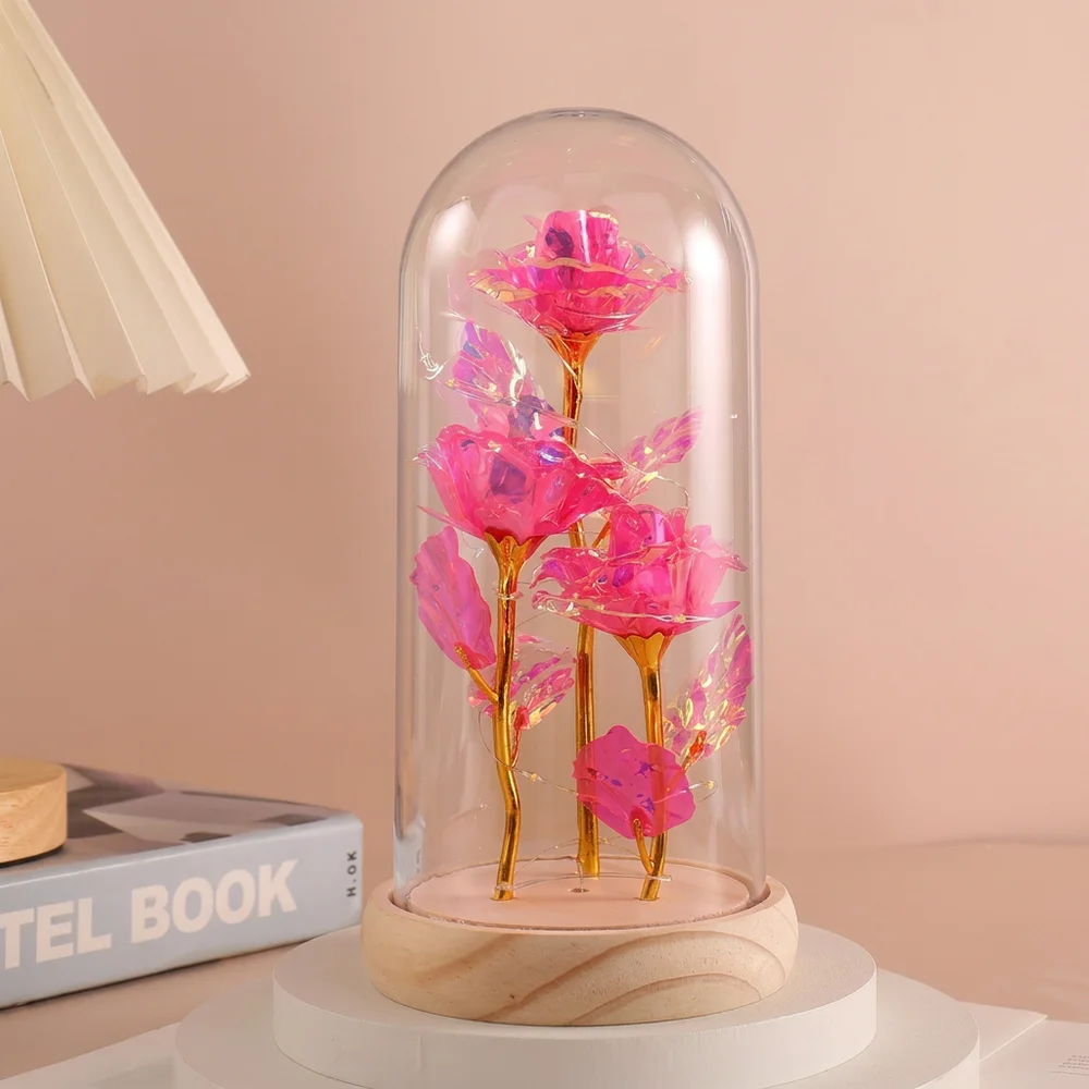 Führte Valentinstag Geschenk für Freundin ewige Rose Licht 24 Karat Goldfolie Blume in Glas abdeckung Muttertag Hochzeit Brautjungfer Geschenk