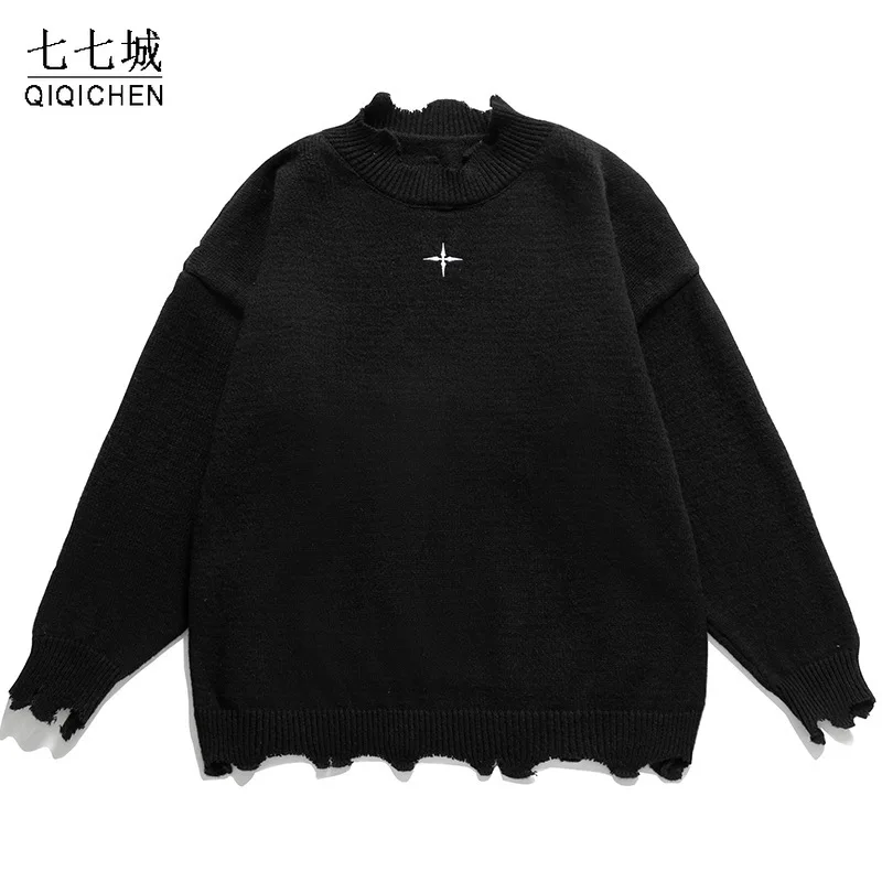 High Street Sweaters Pullover Men Solid Color Irregular Hole Tassels Embroidery Sweater Women Round O-neck Loose Jumpers Autumn