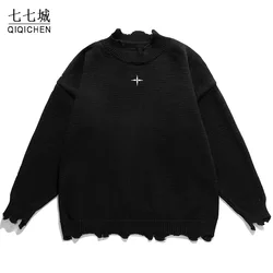 High Street Sweaters Pullover Men Solid Color Irregular Hole Tassels Embroidery Sweater Women Round O-neck Loose Jumpers Autumn