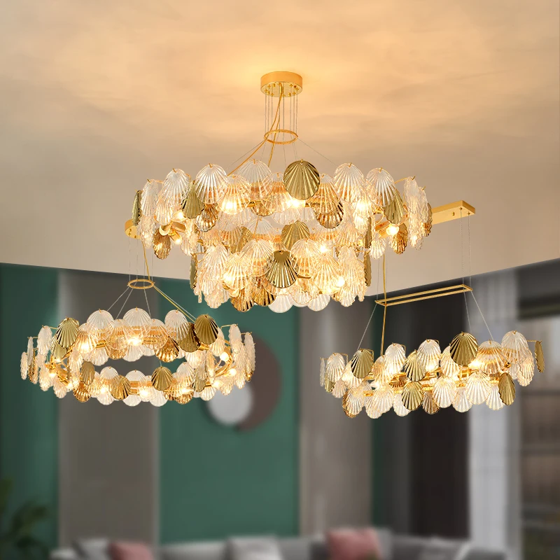 2025 New Shell Glass LED Ceiling Chandeliers Gold Home Decoration Hanging Lamps for Ceiling Modern for Living Room Decor Lustres