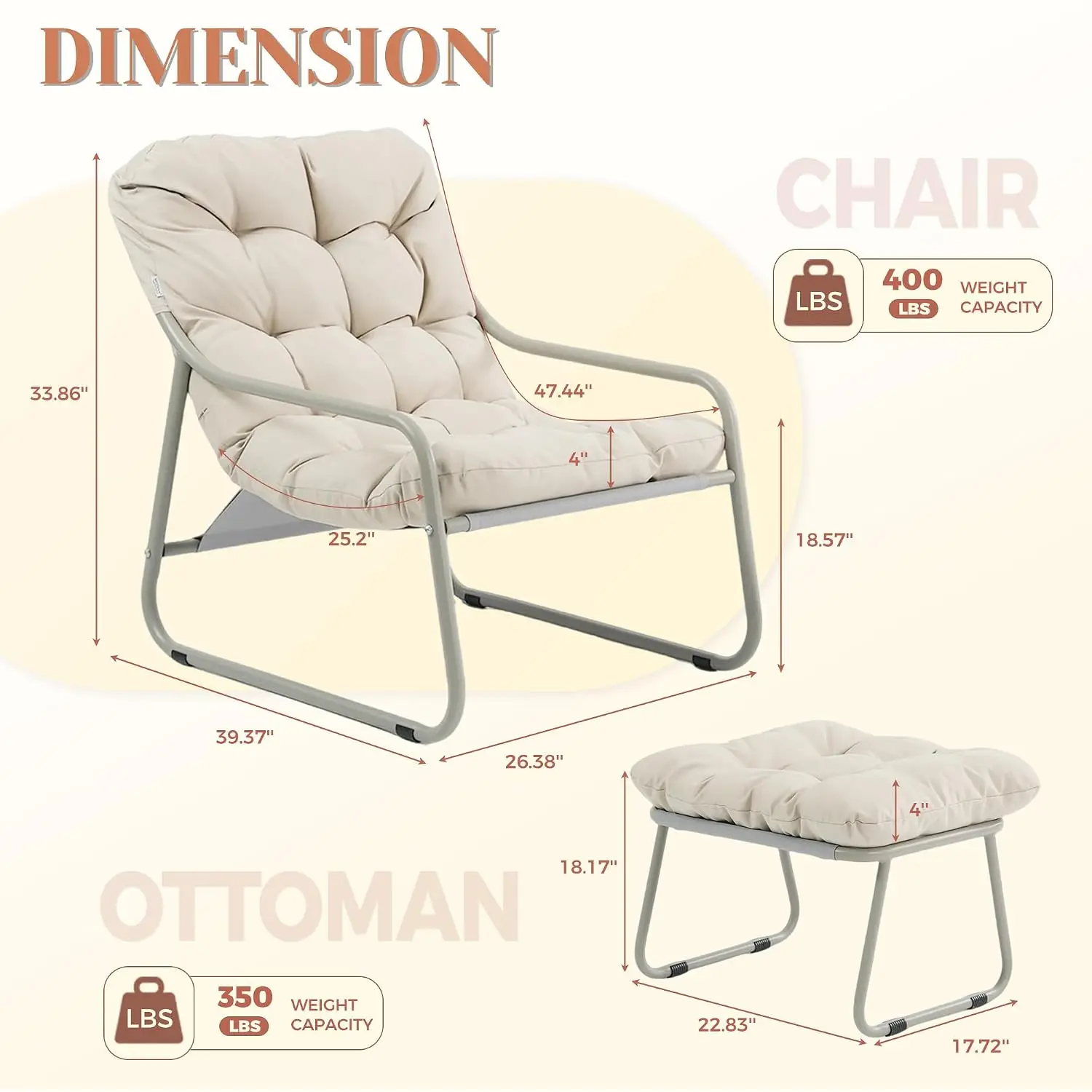 Outdoor Lounge Chair & Ottoman Reclined Back Armrests Heavy-Duty Cushioned Porch Balcony Garden Backyard Beige, Customized