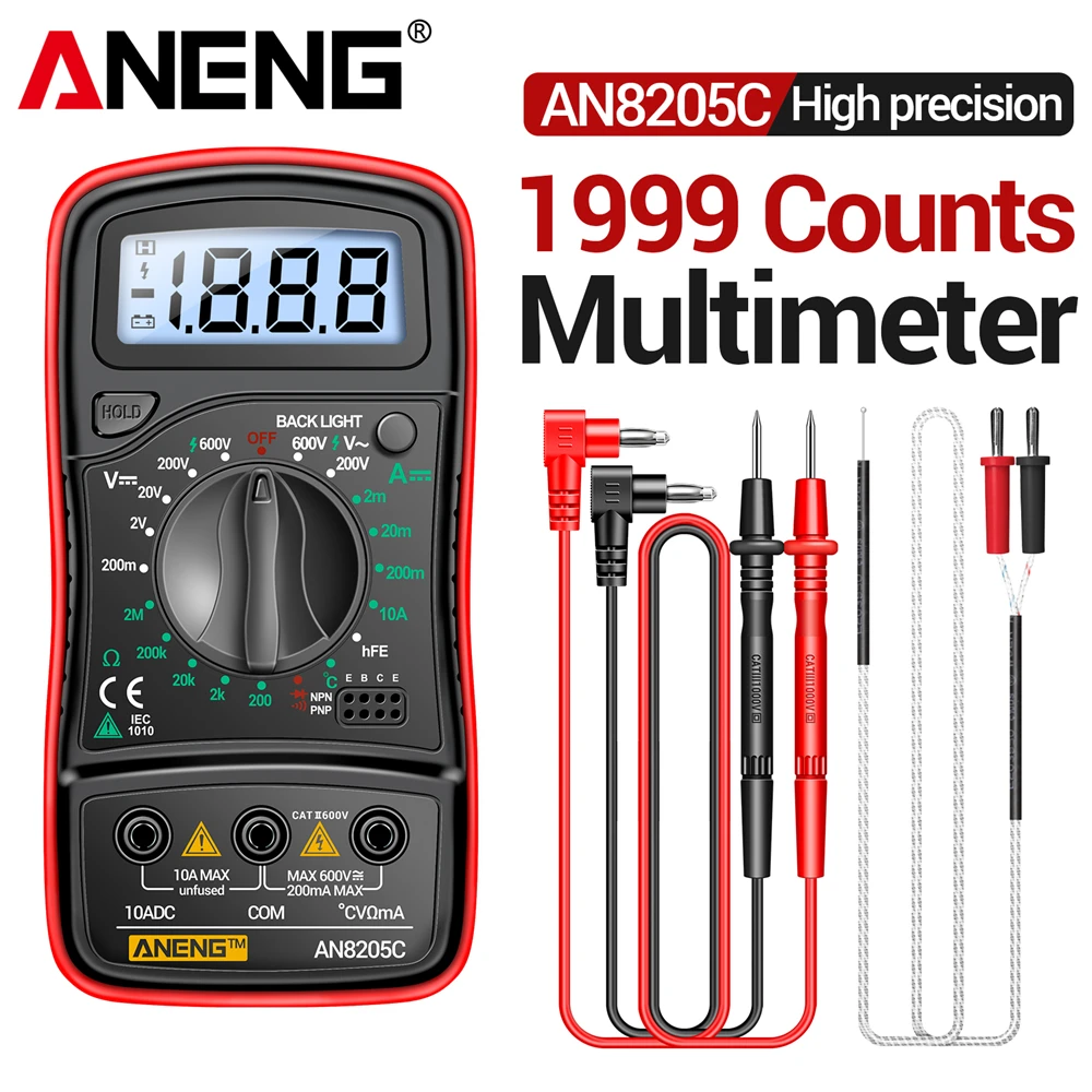 Digital Multimeter 1999 Counts 600V AC/DC Voltage Temp Test for Car Repair ANENG AN8205C Blue Backlight hFE Triode DIY Test Tool