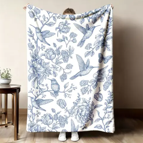 Elegant Sketch Hummingbird Floral Throw Blanket, Classic Blue White Botanic Warm Blanket for Couch Trip Household Cottage Style