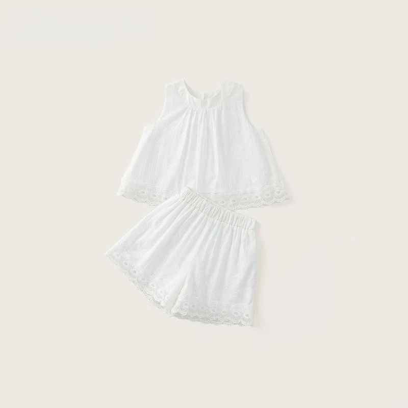 2026 Hot Selling New Summer Sleeveless Solid Color Cotton Lace Lace Loose Vest and Shorts Two-piece Set