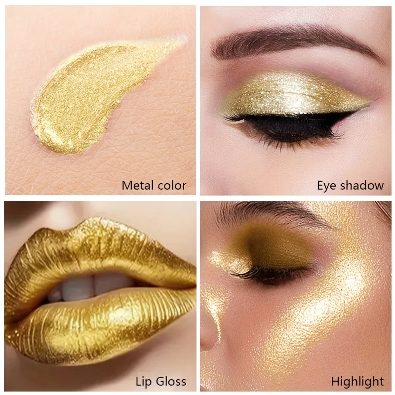 Brilho labial de veludo metálico, batom líquido premium duradouro, impermeável, alto pigmento, esmalte labial dourado e prateado, maquiagem dos olhos