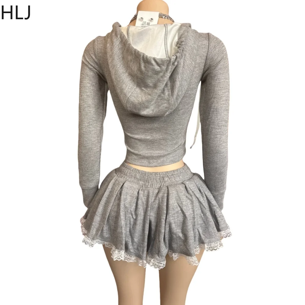 HLJ Gray Sweet Bow Lace Splicing Two Piece Sets Women Hooded Long Sleeve Crop Top And Drawstring Pleated Mini Skirts Streetwear