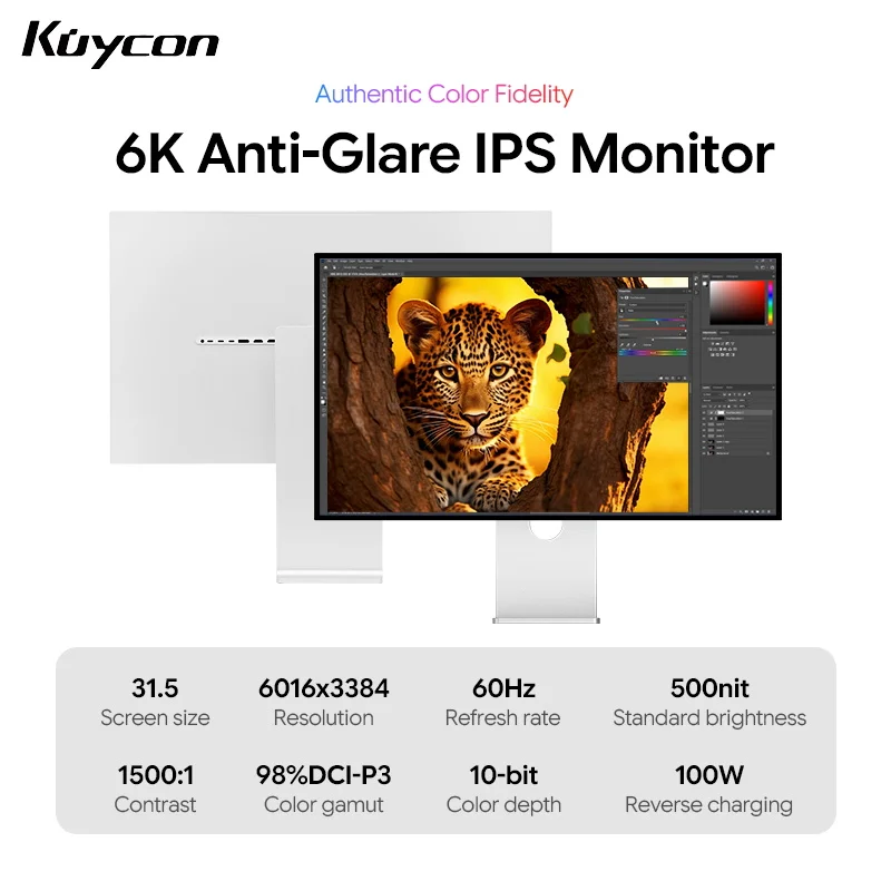 Kuycon G32X 32 Inch 6K IPS Computer Monitor Matte Anti-Glare Screen HDR 6016×3384 218PPI 10Bit 1.07B Colors 98%DCI-P3 PC Display USB-C 100W DP2.1 HDMI2.1 Aluminum Alloy Graphic Design Monitor With Height Rotatable Stand For Laptop (Minimalist With Stand)
