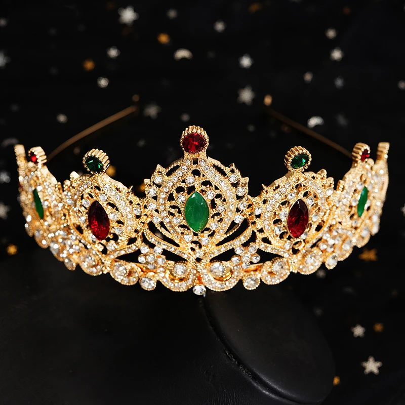 Moroccan Bridal Hair Crown Red and Green Crystal Crown Algeria Ladies Wedding Hair Jewelry Gold Color Metal Free Shipping