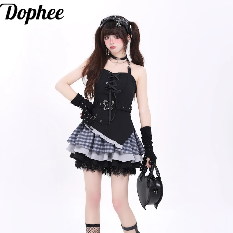 

Dophee Original Sweet and Cool Girl Hanging Neck Top Y2k Subculture Spice Girls Ribbon Bow Metal Buckle Irregular Strap Dress