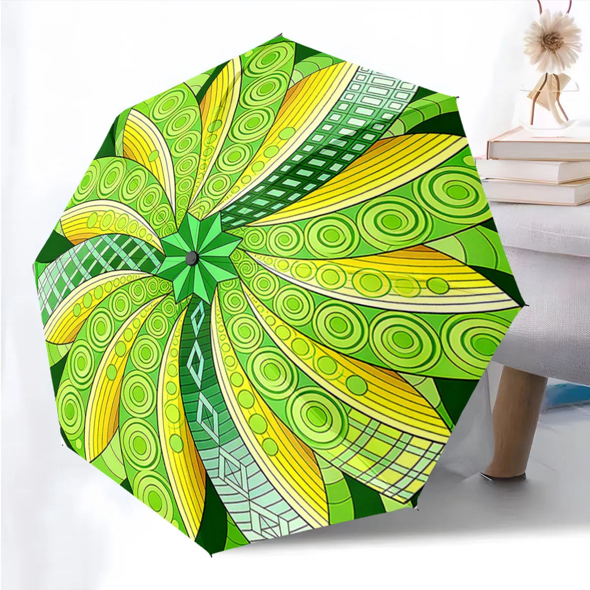 1PC Vibrant Geometric Patterns on Green Umbrella Print 8 Iron Ribs Folding Umbrella Auto-Open Fashion Sunshade