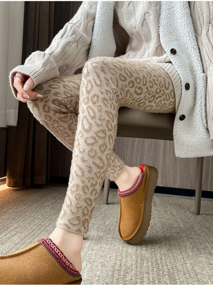 SMTHMA الشتاء سميكة ليوبارد طباعة المنك الصوف طماق للنساء الدفء عالية الخصر مطاطا التخسيس بنطال ذو قصة أرجل صغيرة