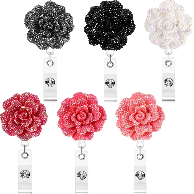 6 Pieces 24 Inch Retractable Badge Reels,Glitter Rose ID Badge Holder With 360 Degree Rotatable Alligator Clip