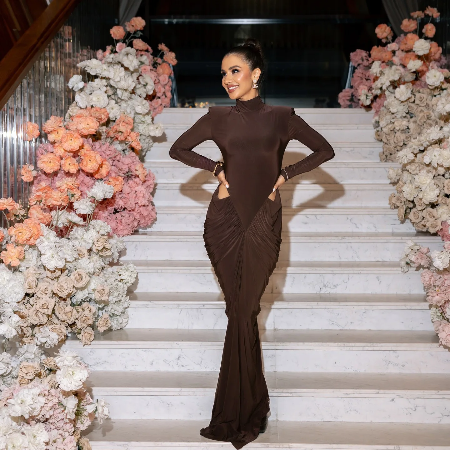 

Coffee Color Sexy Hollow out Long Sve Stand Collar Casual Dr for Par Wedding Anniversary Date KTV Knitted Fabric Slim...