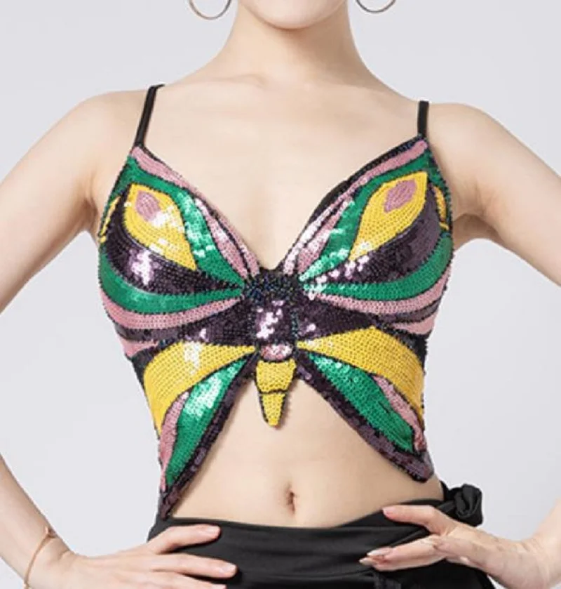 Women's Butterfly-shaped Sequin Halter Top Halloween Belly Dance Camisoles Shape V-Neck Sleeveless Sling Tank Tops Party Vests