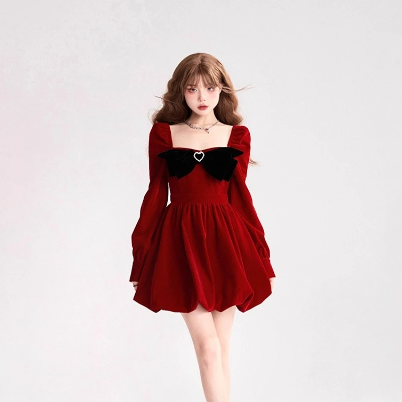 

Japanese Lolita Bow Velvet Red Dress Women's Autumn and Winter Birthday Dress Christmas New Year Princess Short Skirt Female