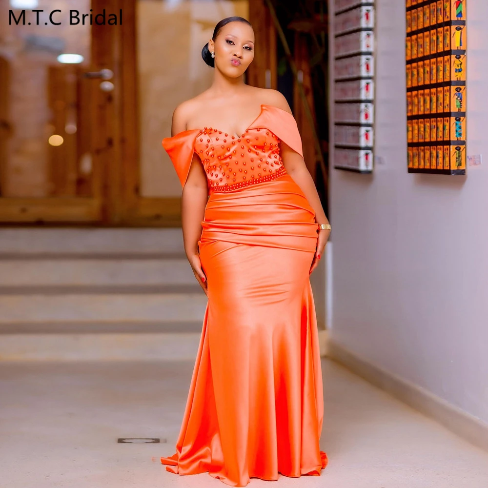 Custom Made Orange Mermaid Dress Bridesmaid 2024 Off The Shoulder Beads Satin Long African Women Wedding Party Gowns Wholesale