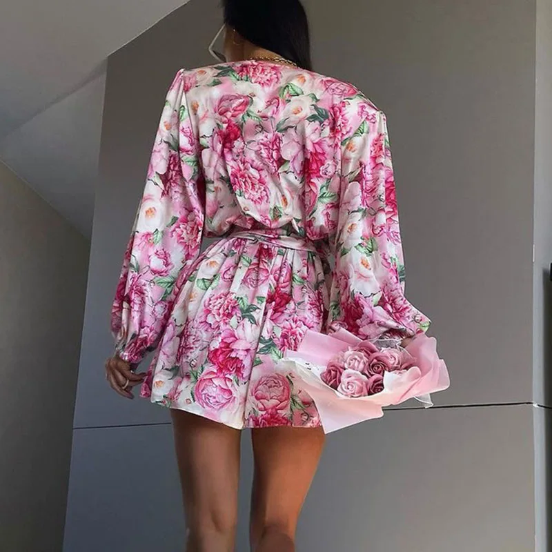 2024 Autumn New Floral Print Casual Romper Lady Sexy V Neck Lace Up Shorts Jumpsuits Fashion Long Sleeved High Street Playsuit