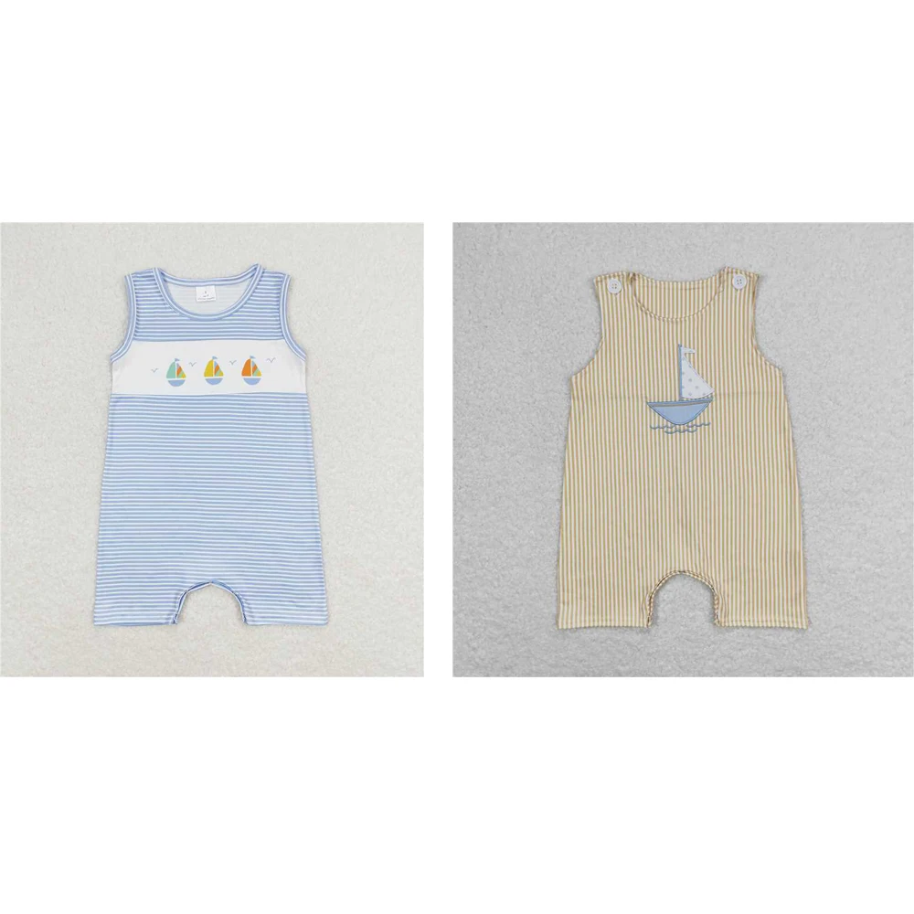 

Wholesale hot sale summer western boutique clothing baby kids newborn toddler clothes Sailboat striped blue sleeveless onesies