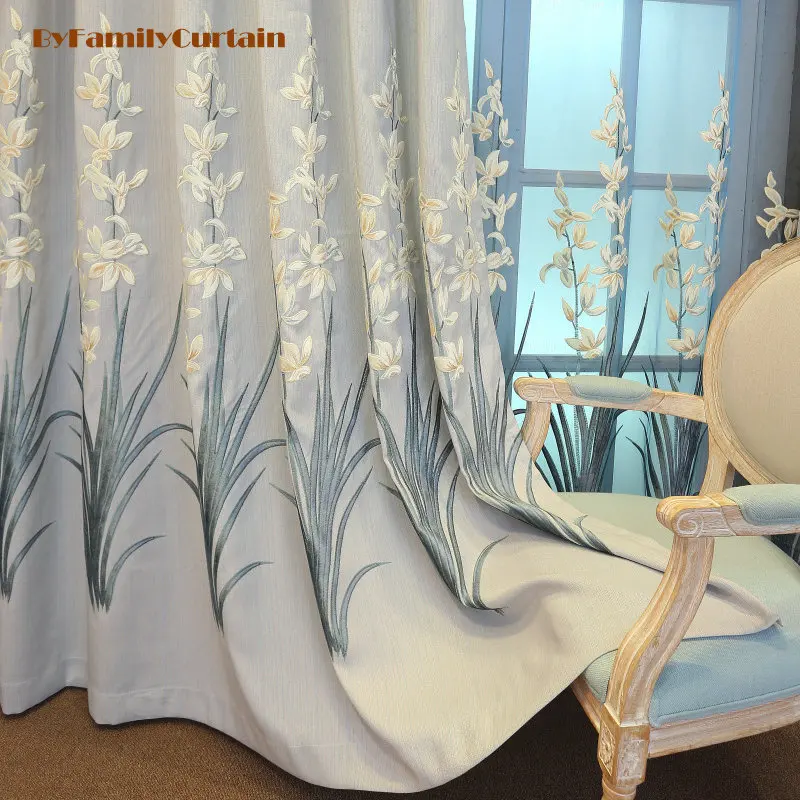 

Luxury Embroidered Curtain for Living Room Bedroom Floral Blackout Simple Fresh Cotton Polyester Wedding Balcony Window Blue