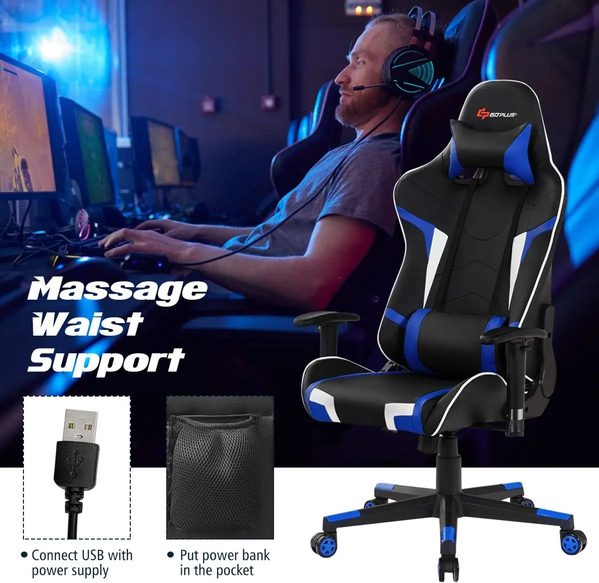 Cadeira de jogos, cadeira de escritório de massagem cadeira de corrida de jogos de computador, encosto alto de couro PU braços ajustáveis encosto de cabeça ergonômico