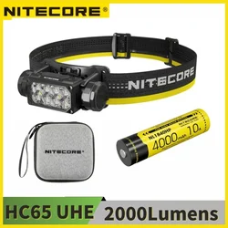 Nitecore HC65 UHE Linterna frontal de metal resistente de 2000 lúmenes, recargable por USB-C con luces blancas, rojas y de lectura para acampar