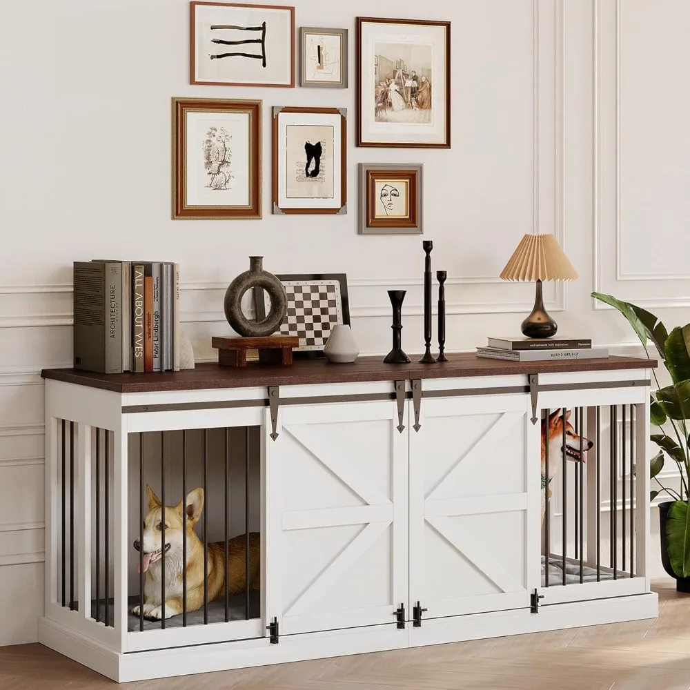 

Dog Crate Furniture - Indoor Wooden Dog Kennel with Room Divider and Double Sliding Barn Doors - 71"x23.6"x31.5"H, White