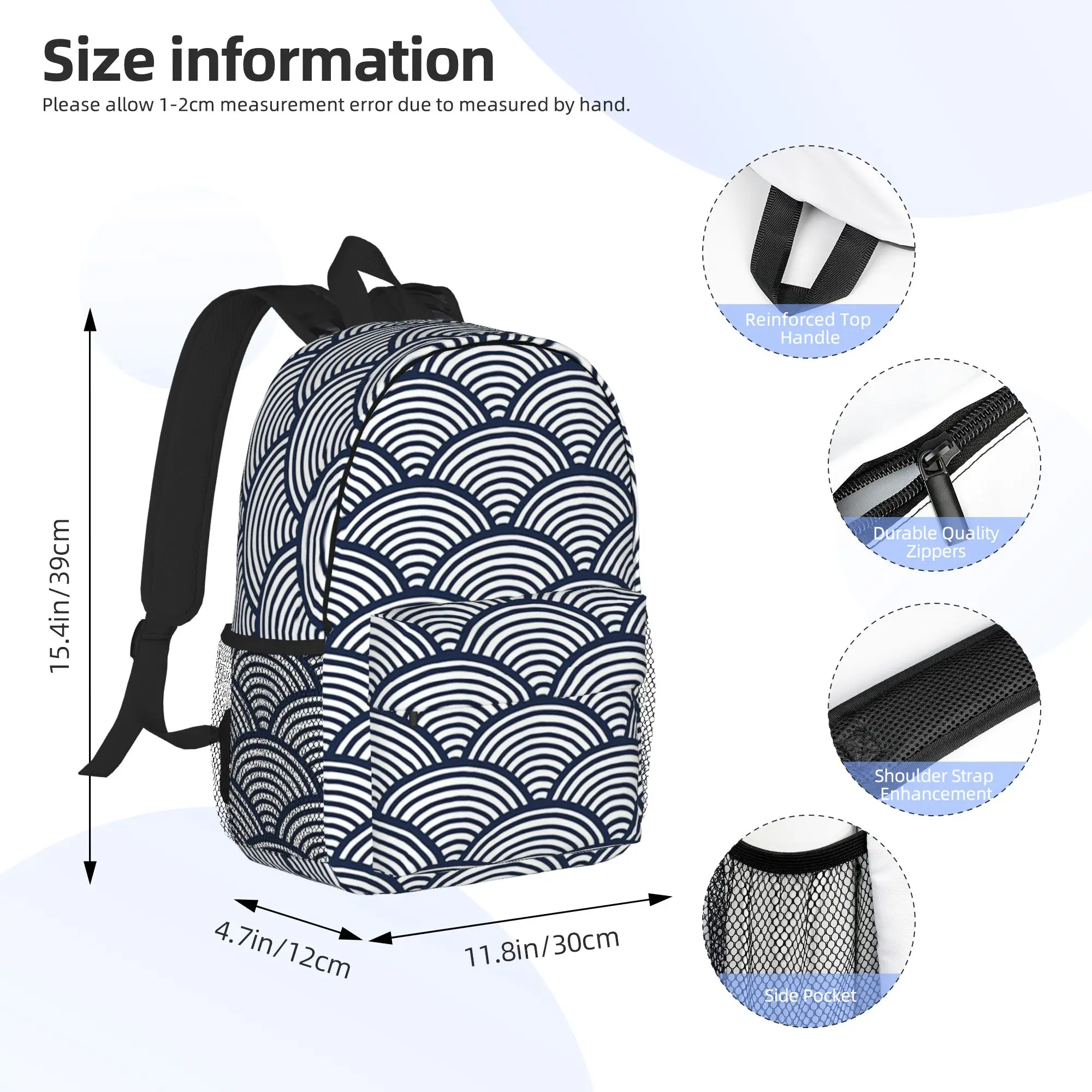 Japanese Blue Waves Navy Backpack Hot Sale Daypack Large Capacity Boys Girls BookBag Shoulder Bags for Men Women School Bag