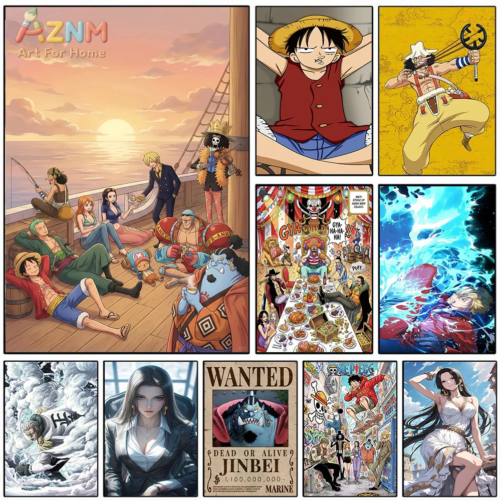 AZNM Lienzo Decorativo de Anime One Piece, Impresión HD sin Marco de los Personajes de la Tripulación del Sombrero de Paja: Monkey D. Luffy, Usopp, Sanji, Jinbe, Boa Hancock