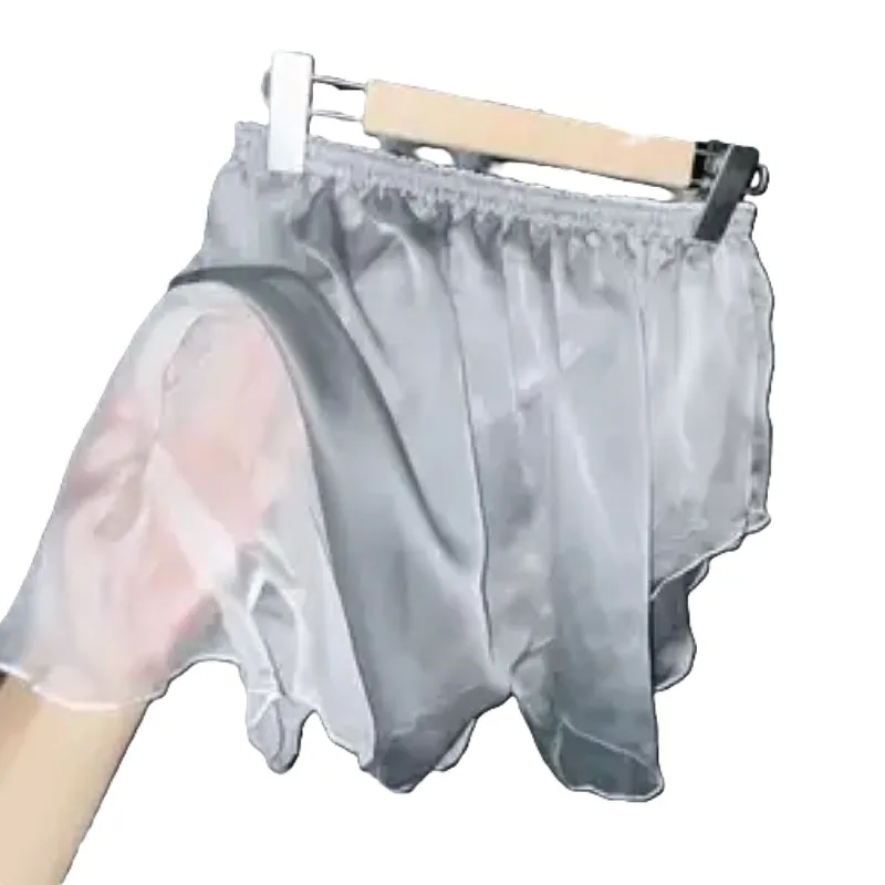 Sexy Men Shorts Double layer Glossy Thin See Through Voile Lingerie Pajamas Panties Underwear High Waist Women Sleeping Bottoms
