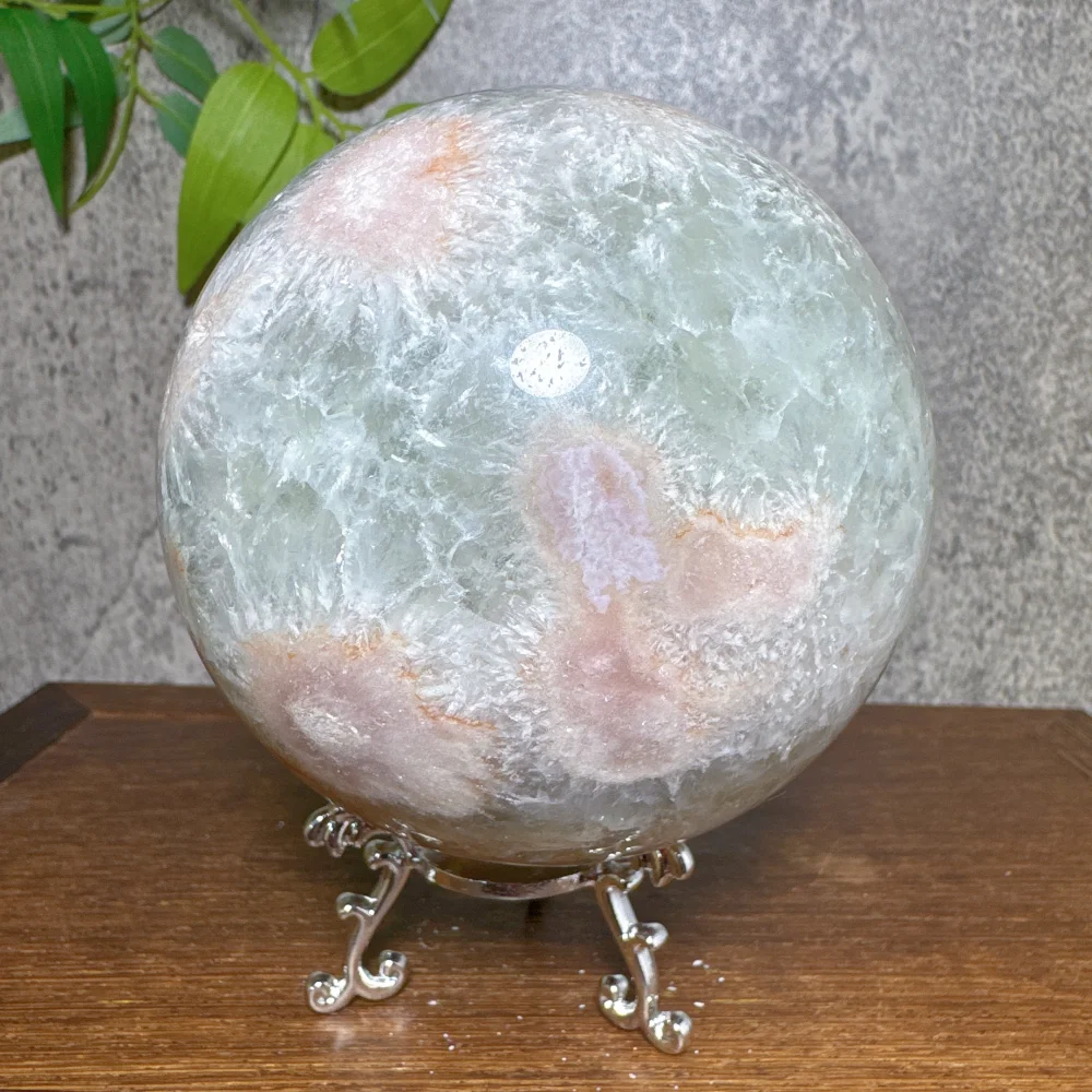 Unique Natural Green Flower Agate Sphere Healing Crystal with Hole Geode Druzy Quartz Reiki Energy Home Decor Craft Gift Stand
