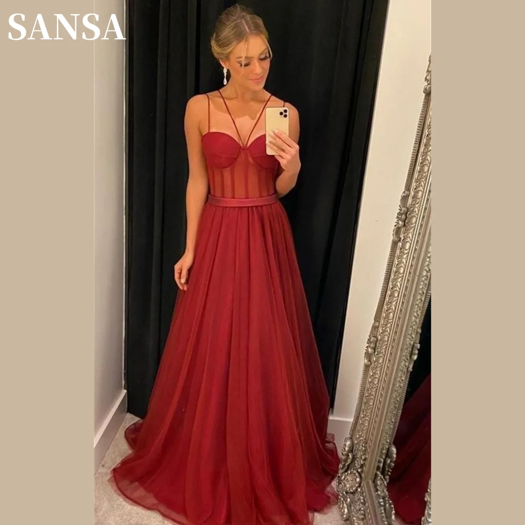 

Sansa Sexy Spaghetti Strap A-line فساتين سهره فاخره 2023 Simple Tulle Sleeveless فساتين السهرة Burgundy Perspective Prom Dresses