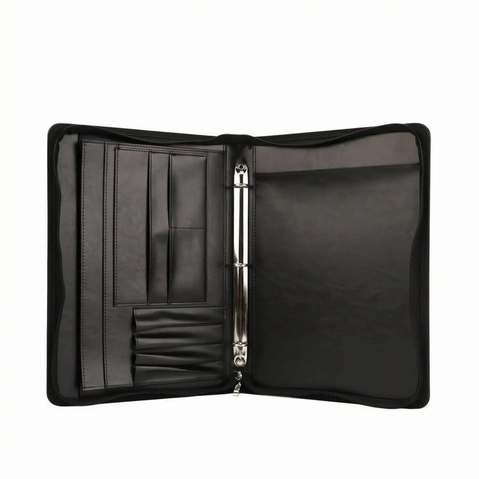 A4 PU Leather Binder Organizer with Metal Ring Mechanism and Interior Pockets for Meetings