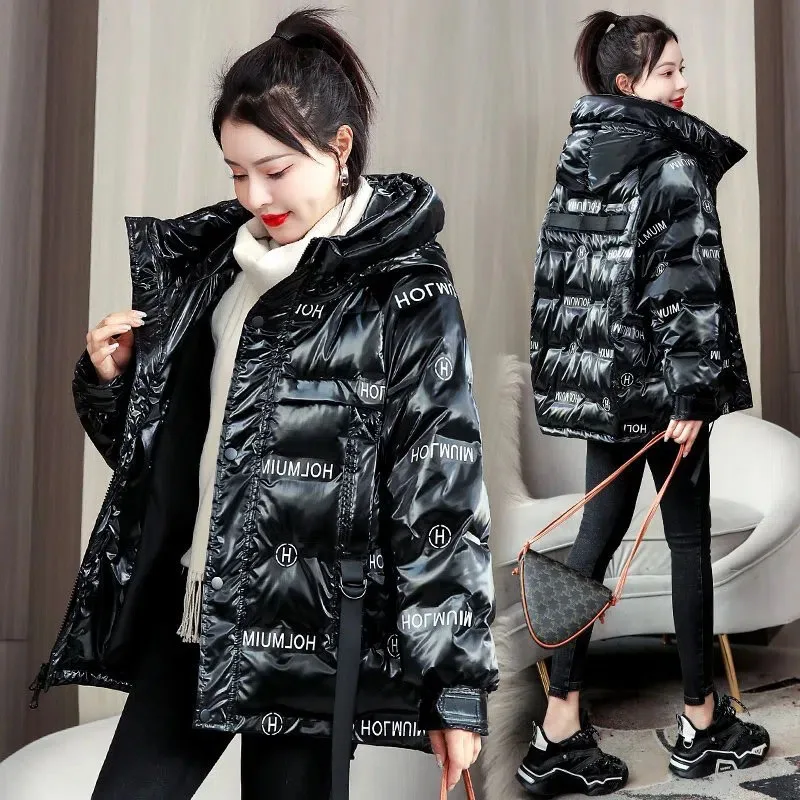 New Wash Free Bright Face Down Cotton Coat Womens Winter Coats Windproof Hooded Parker Overcoat Warm Casual Female Padded Jacket