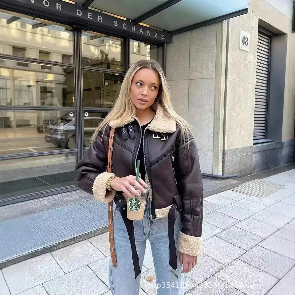 Patchwork Faux Leather Lamb Wool Spliced Zipper Cardigan Jackets Women Long Sleeve Slim Coat Moto Bike Casual Autumn 2025